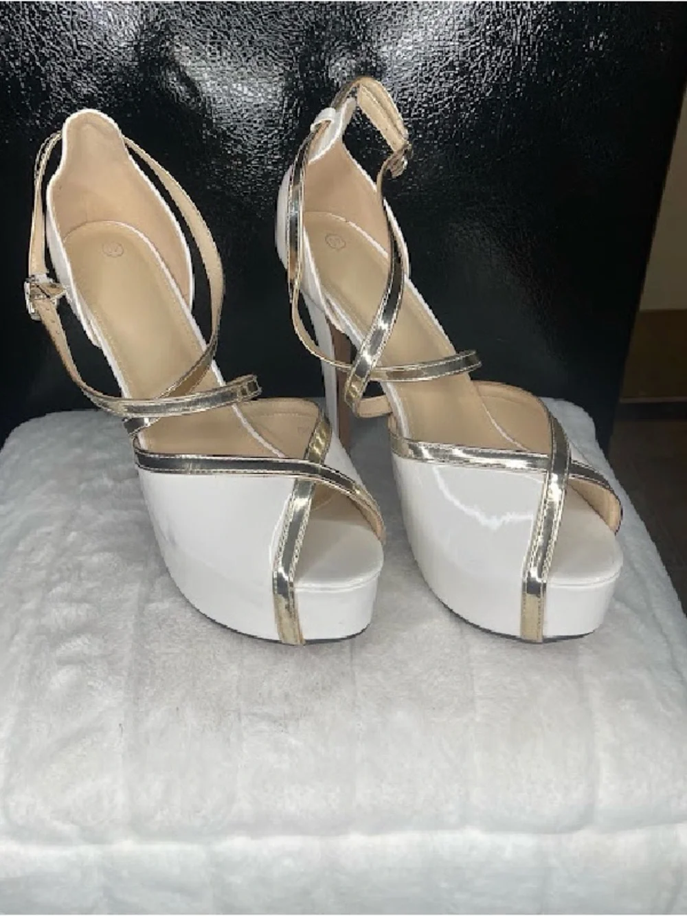 White Platform Peep-Toe Sandals with Gold Straps - Women